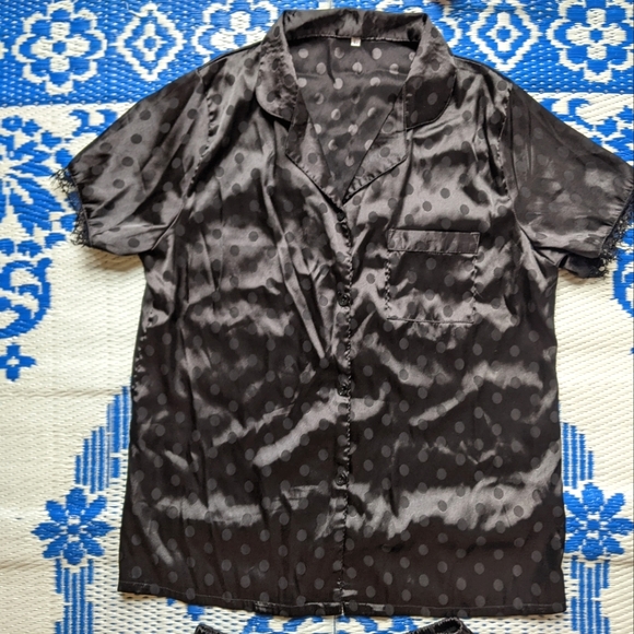 Silky Satin Black Polka Dot Short Sleeve Button Up and Shorts Set with Lace Trim - Picture 2 of 8